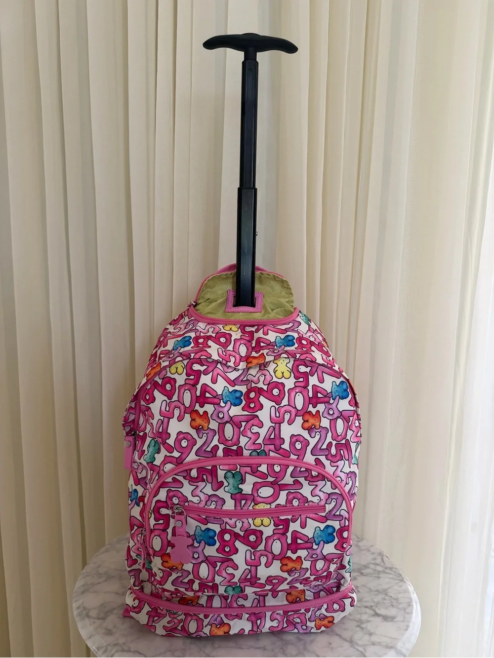 Tous Pink Kids Rolling Backpack with Colorful Number & Bear Print